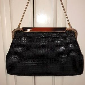 Vintage! Glomesh Black Metal evening bag w/ enamel flip top